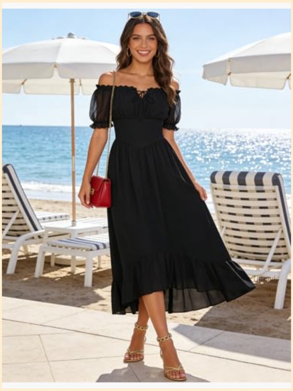 Off Shoulder Puff Sleeve Smocked Waist Tiered Long Maxi Dress Chiffon - Picture 6 of 7